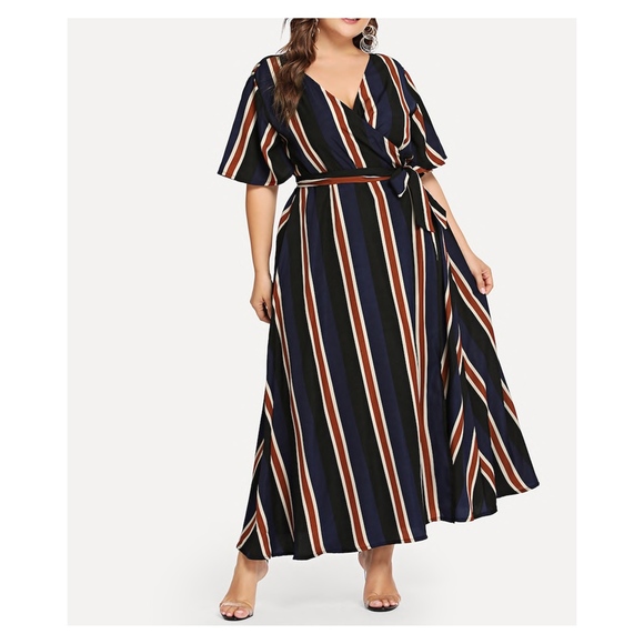 Blue Striped V Neck Wrap Plus Size Maxi Dress - Picture 4 of 5